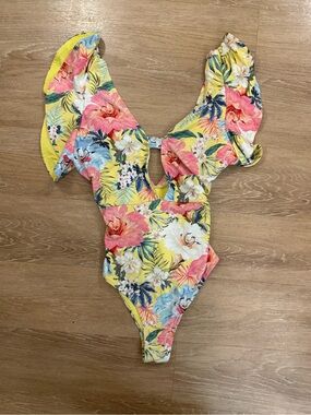 Women’s Yellow Tropical Floral One-Piece Swimsuit Size XL
